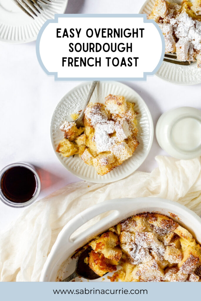 A casserole of bread pudding with 2 plated servings and some syrup beside.
